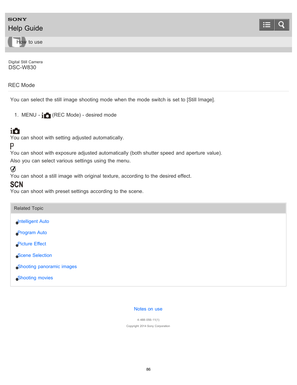Rec mode, Help guide | Sony DSC-W830 User Manual | Page 91 / 254