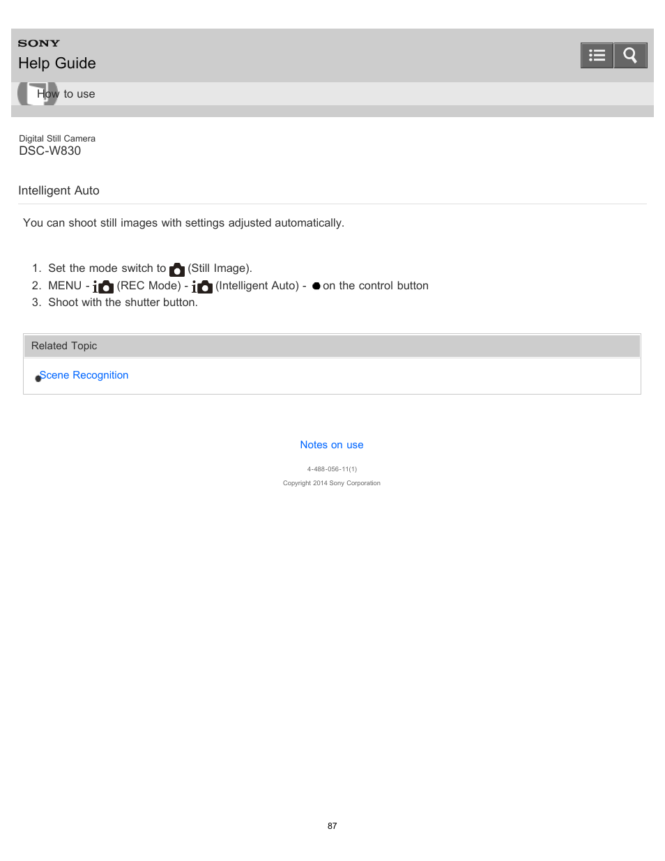 Intelligent auto, Help guide | Sony DSC-W830 User Manual | Page 92 / 254