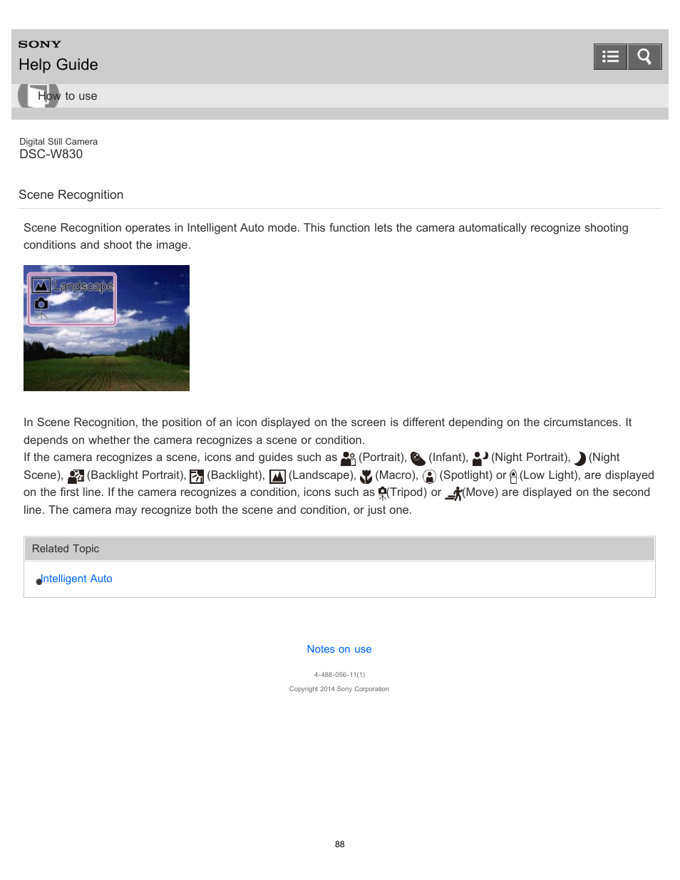 Scene recognition, Help guide | Sony DSC-W830 User Manual | Page 93 / 254