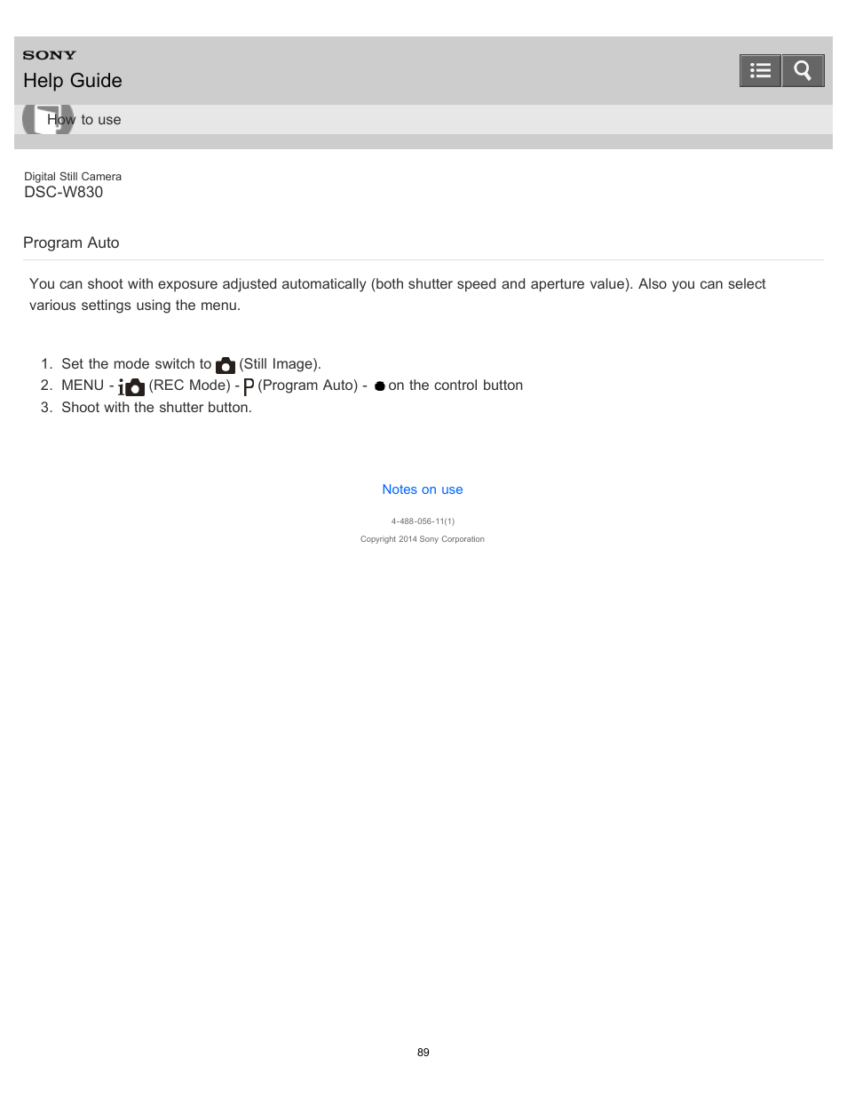 Program auto, Help guide | Sony DSC-W830 User Manual | Page 94 / 254