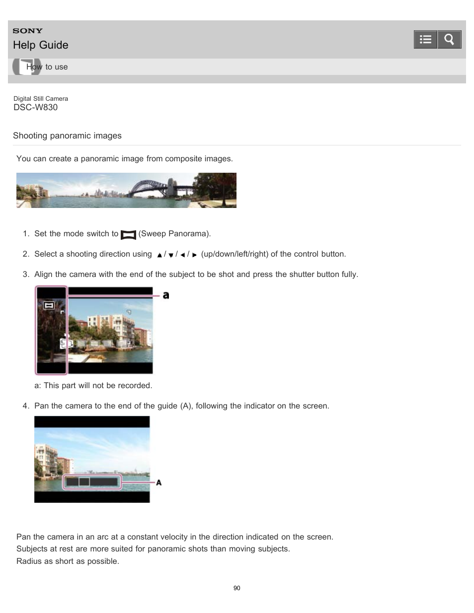 Shooting panoramic images, Help guide | Sony DSC-W830 User Manual | Page 95 / 254