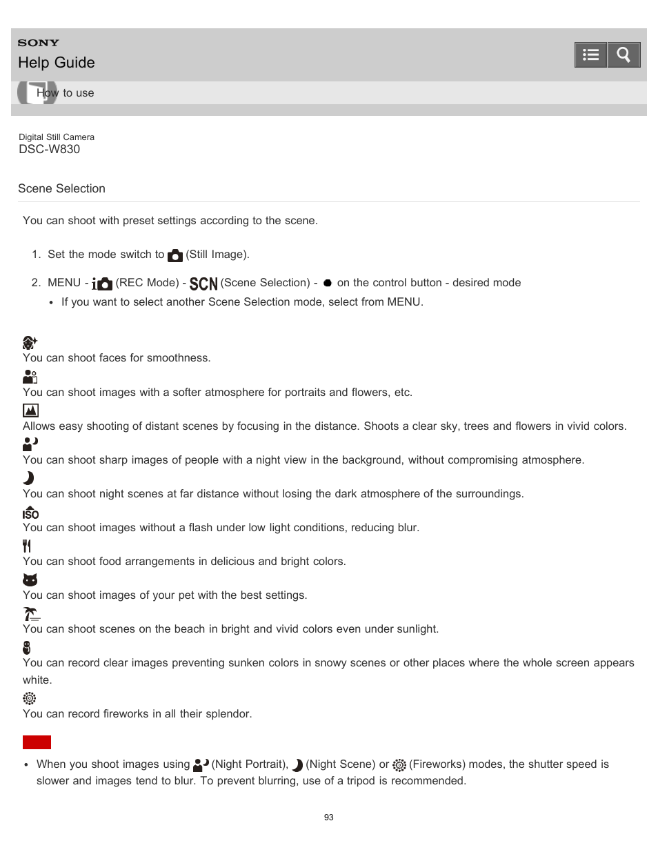 Scene selection, Help guide | Sony DSC-W830 User Manual | Page 98 / 254
