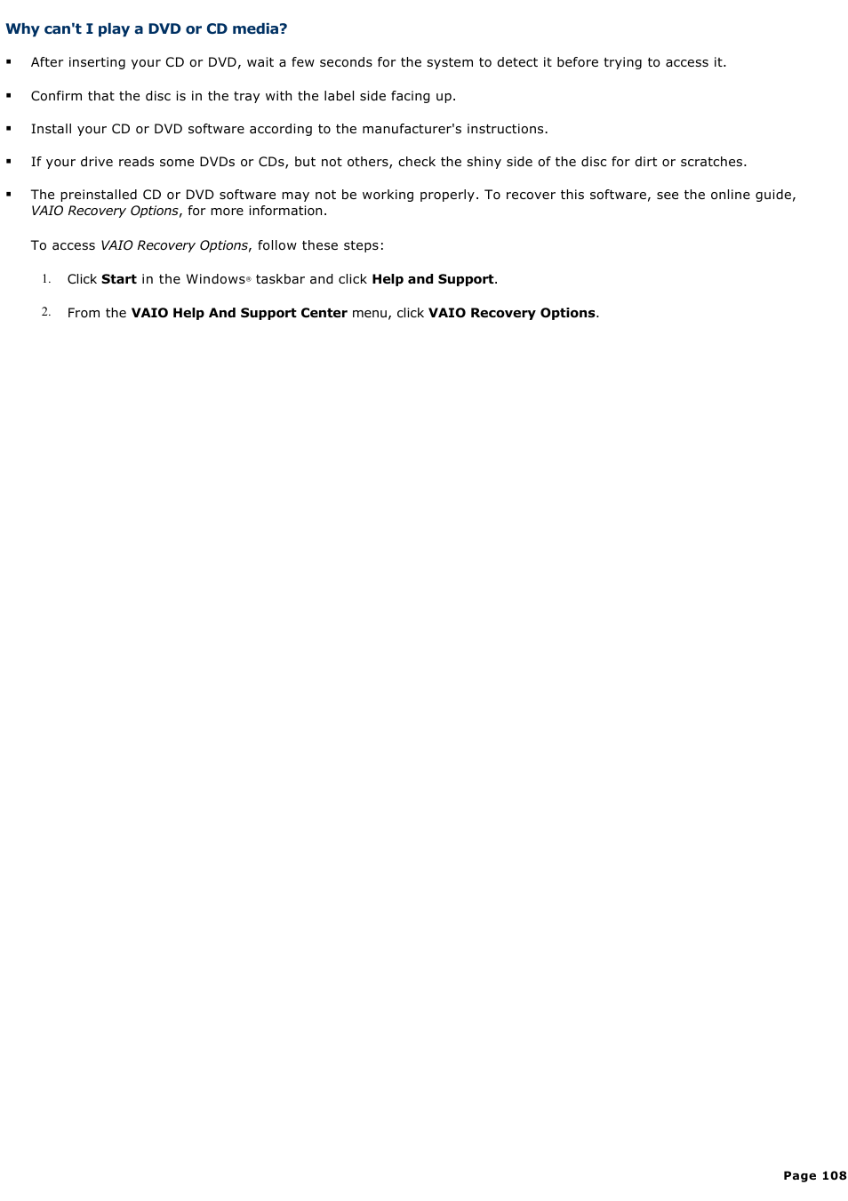 Why can't i play a dvd or cd media | Sony PCV-RS423P User Manual | Page 108 / 146