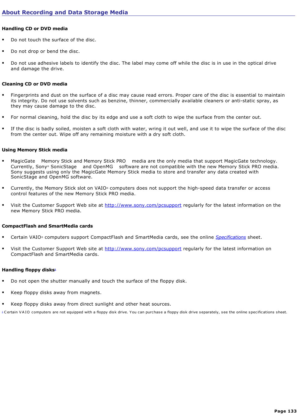 About recording and data storage media | Sony PCV-RS423P User Manual | Page 133 / 146