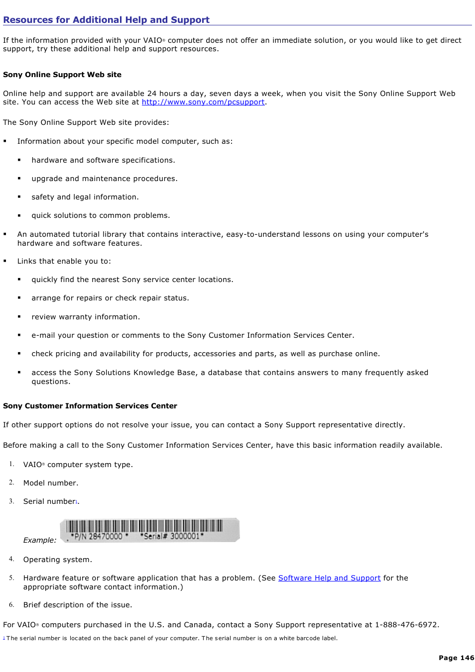 Resources for additional help and support | Sony PCV-RS423P User Manual | Page 146 / 146