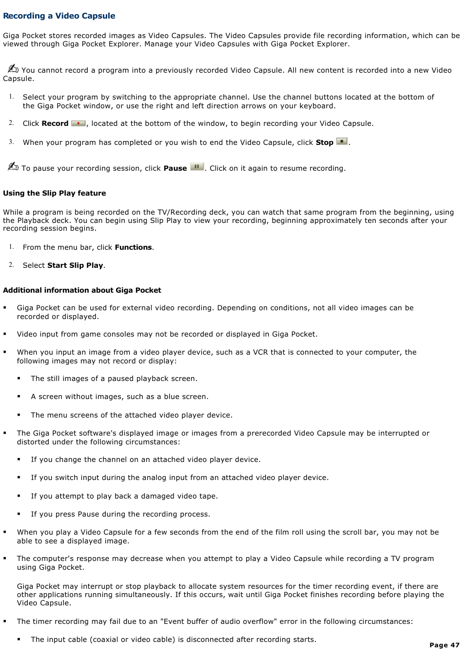 Recording a video capsule | Sony PCV-RS423P User Manual | Page 47 / 146