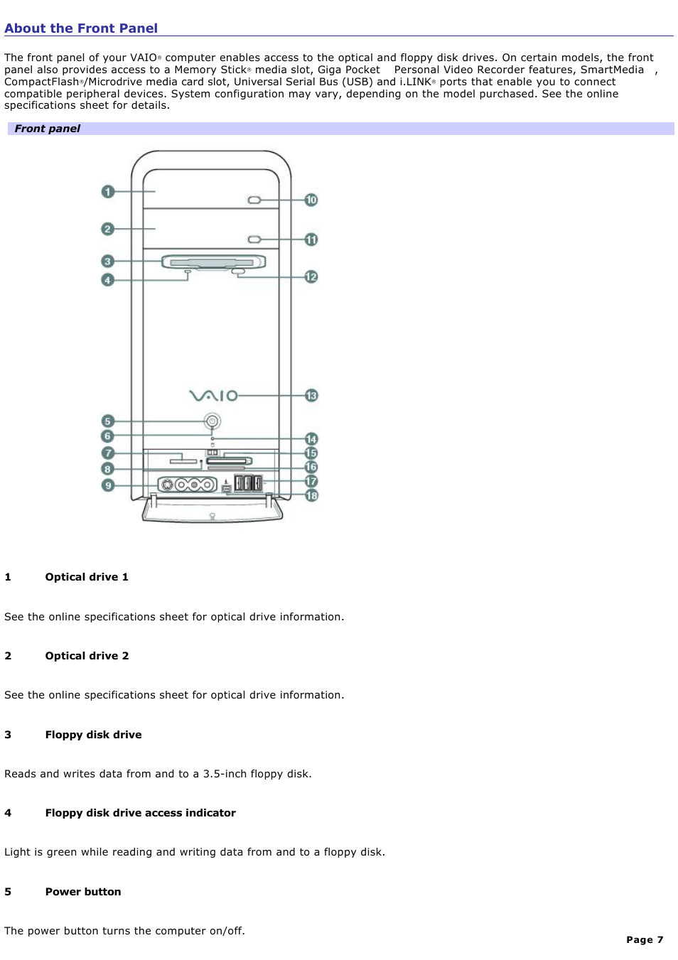 About the front panel | Sony PCV-RS423P User Manual | Page 7 / 146