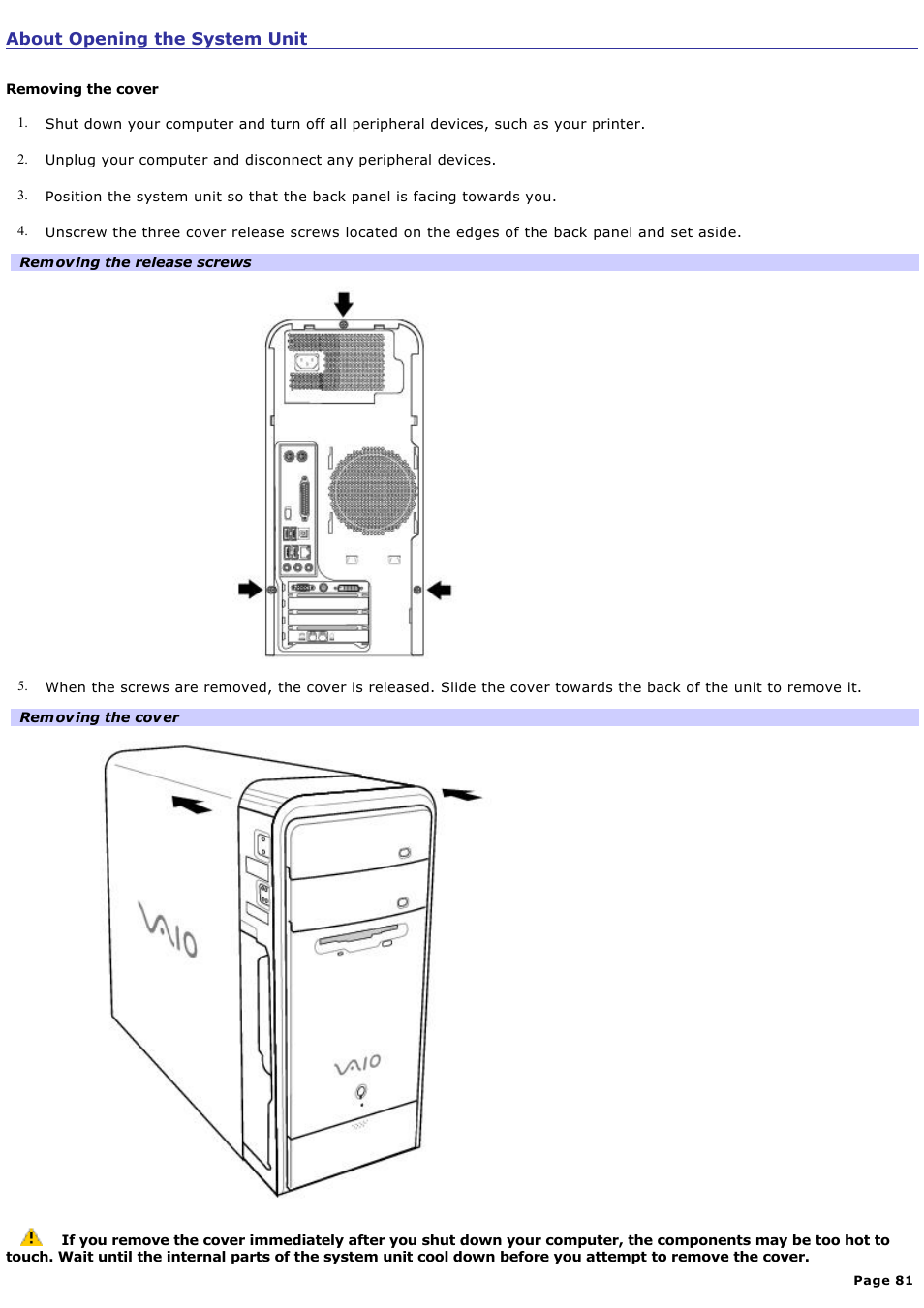 About opening the system unit | Sony PCV-RS423P User Manual | Page 81 / 146