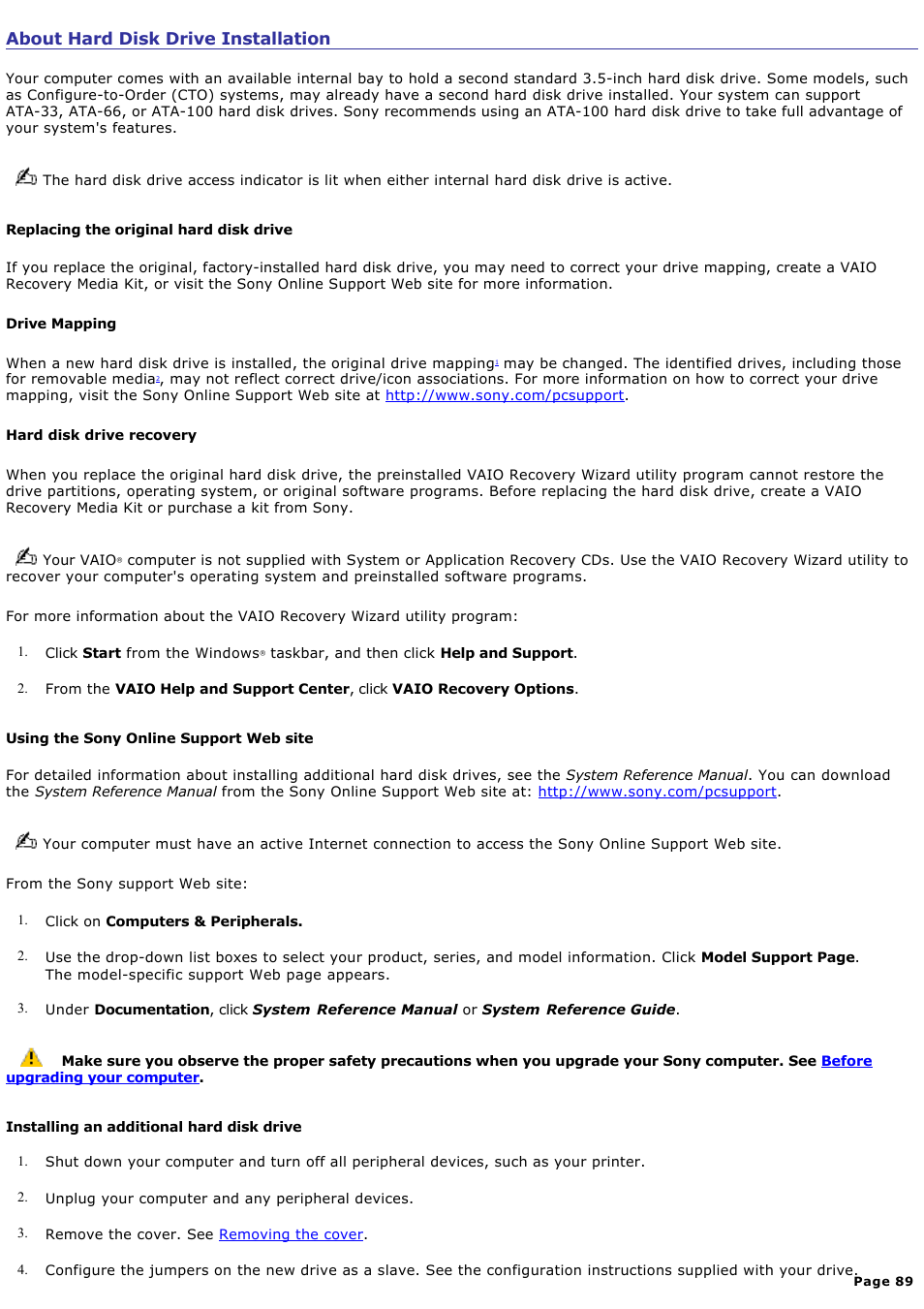 About hard disk drive installation | Sony PCV-RS423P User Manual | Page 89 / 146