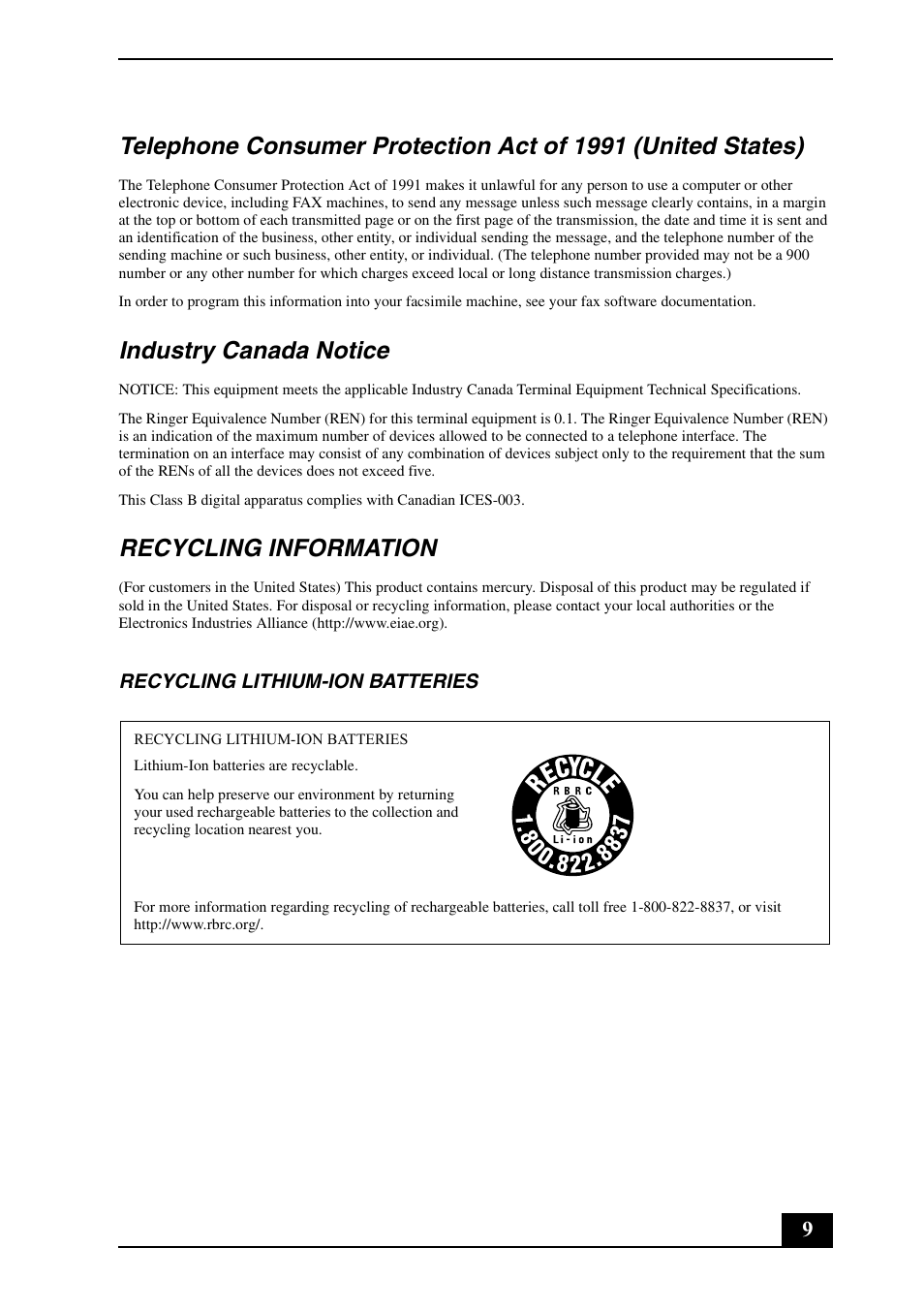 Industry canada notice, Recycling information | Sony VGN-FS970P User Manual | Page 9 / 24