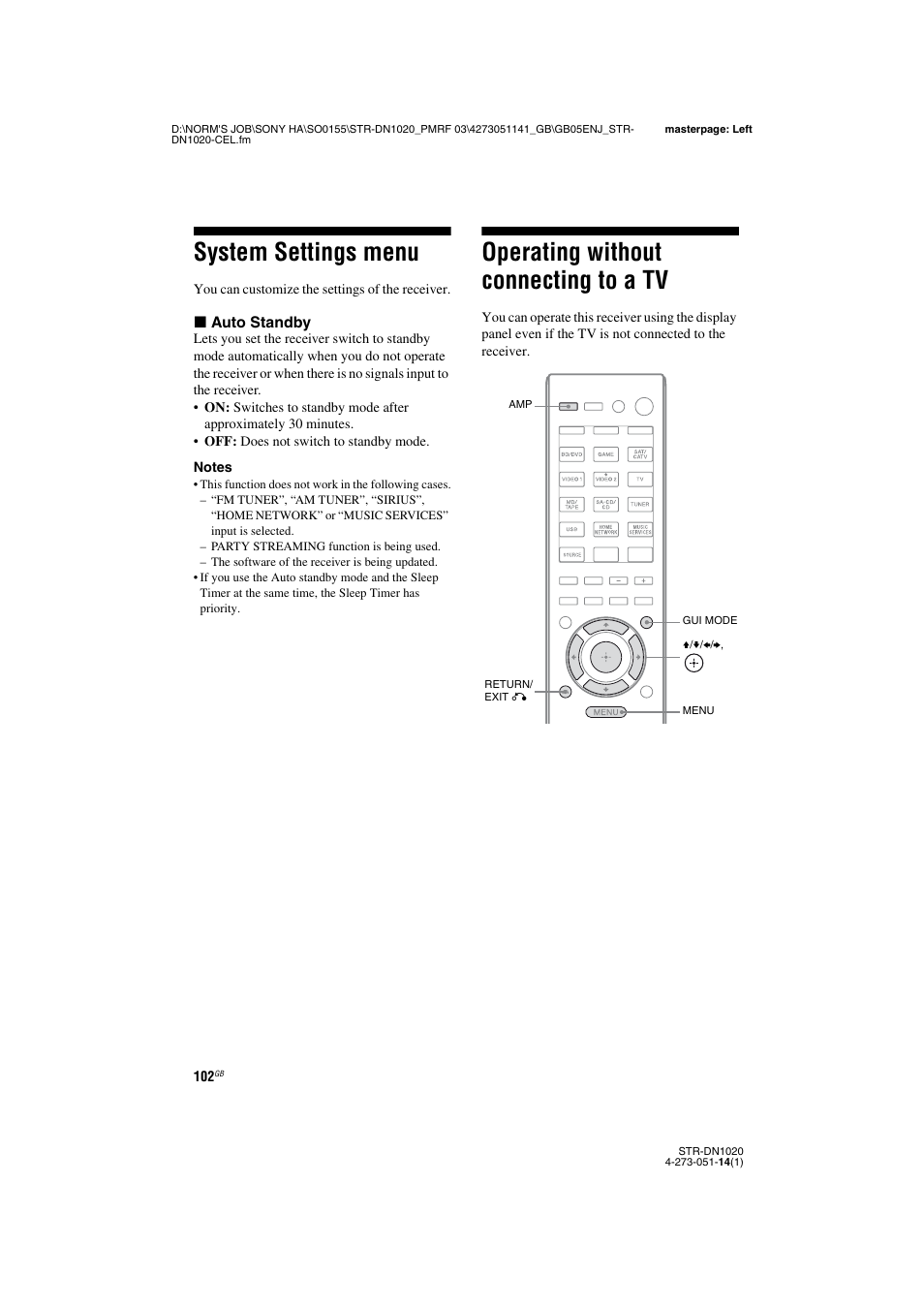 System settings menu, Operating without connecting to a tv | Sony STR-DN1020 User Manual | Page 102 / 132