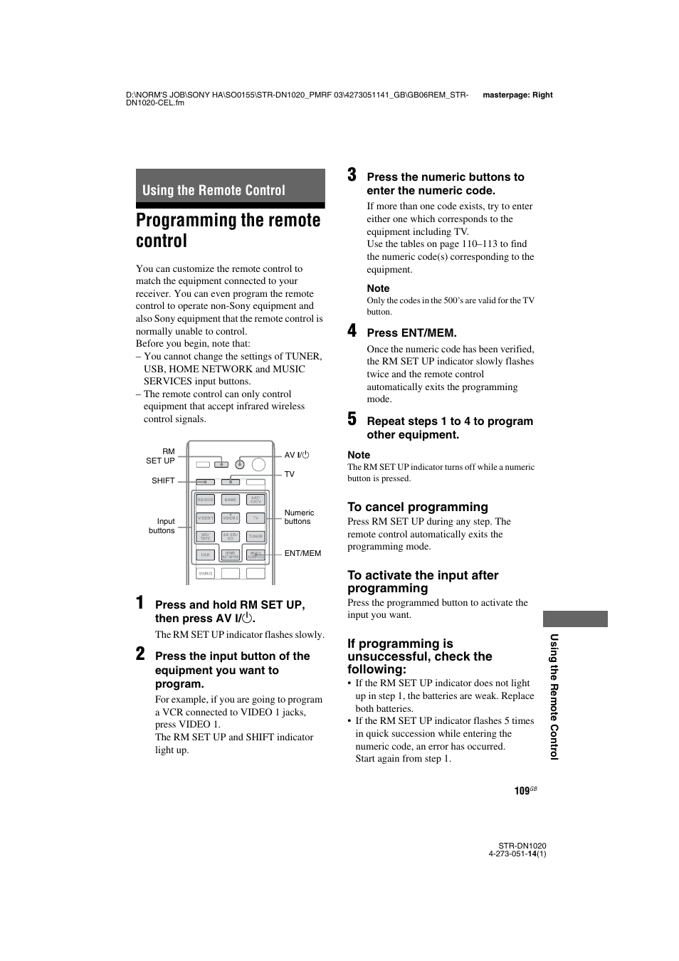 Using the remote control, Programming the remote control, The steps in “programming the remote control | Sony STR-DN1020 User Manual | Page 109 / 132