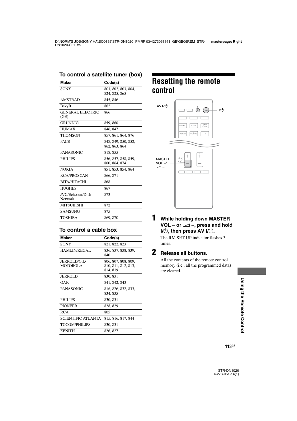 Resetting the remote control, Resetting the remote control 1 | Sony STR-DN1020 User Manual | Page 113 / 132