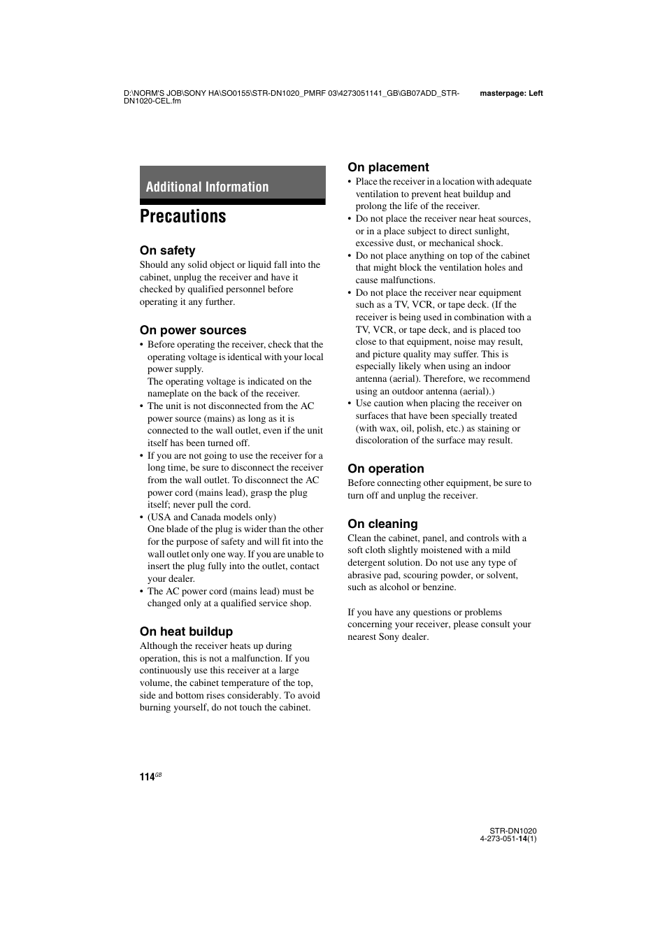 Additional information, Precautions | Sony STR-DN1020 User Manual | Page 114 / 132