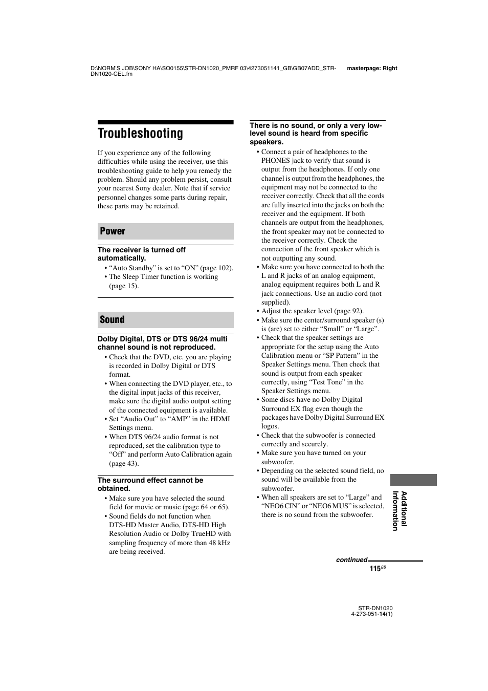 Troubleshooting, Power sound | Sony STR-DN1020 User Manual | Page 115 / 132