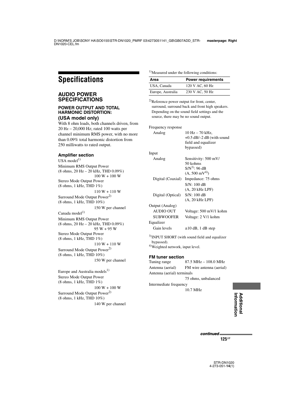 Specifications, Audio power specifications | Sony STR-DN1020 User Manual | Page 125 / 132
