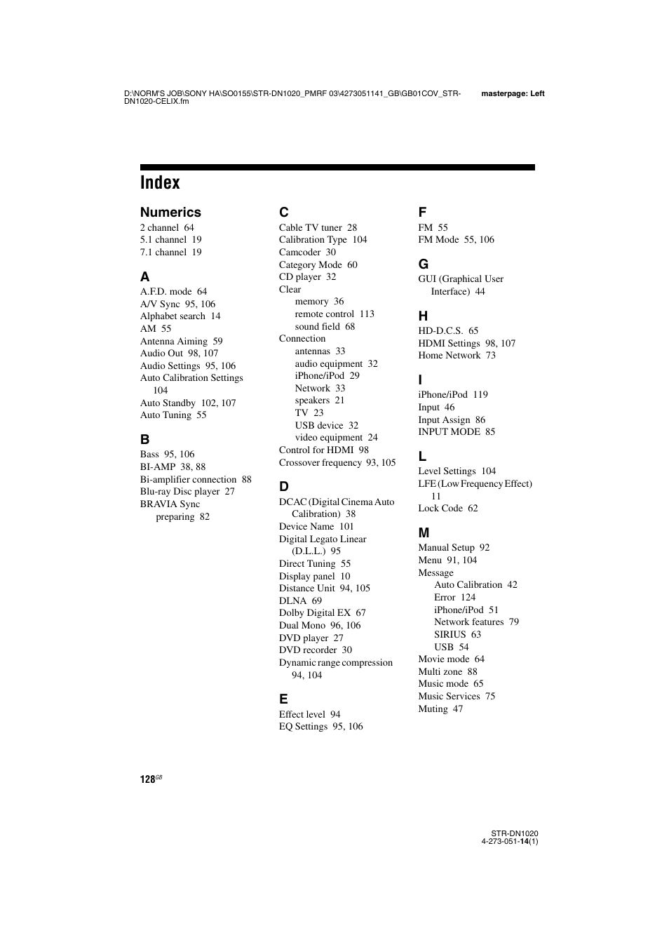Index, Numerics | Sony STR-DN1020 User Manual | Page 128 / 132