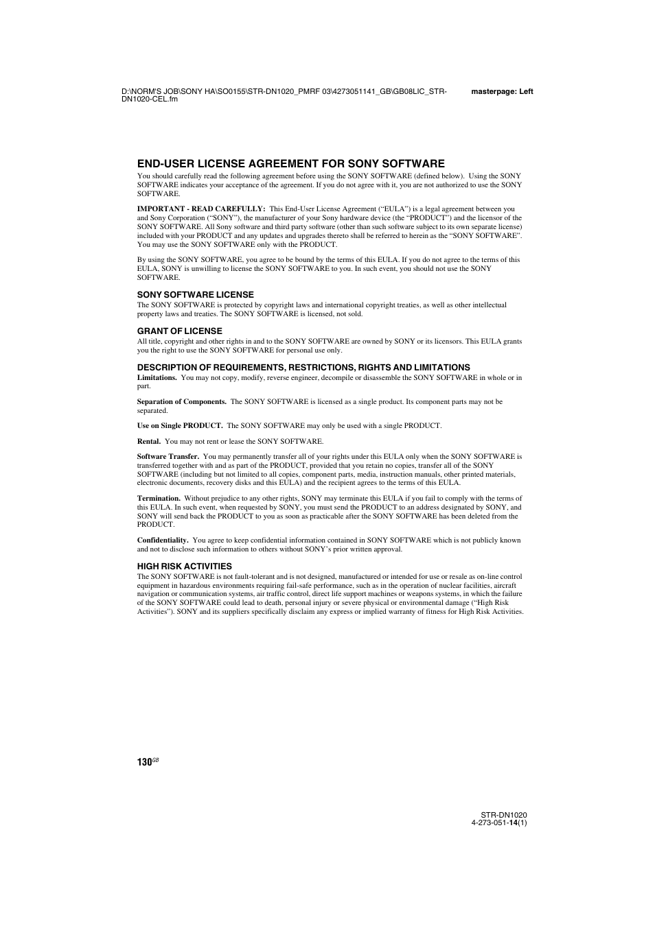 End-user license agreement for sony software | Sony STR-DN1020 User Manual | Page 130 / 132