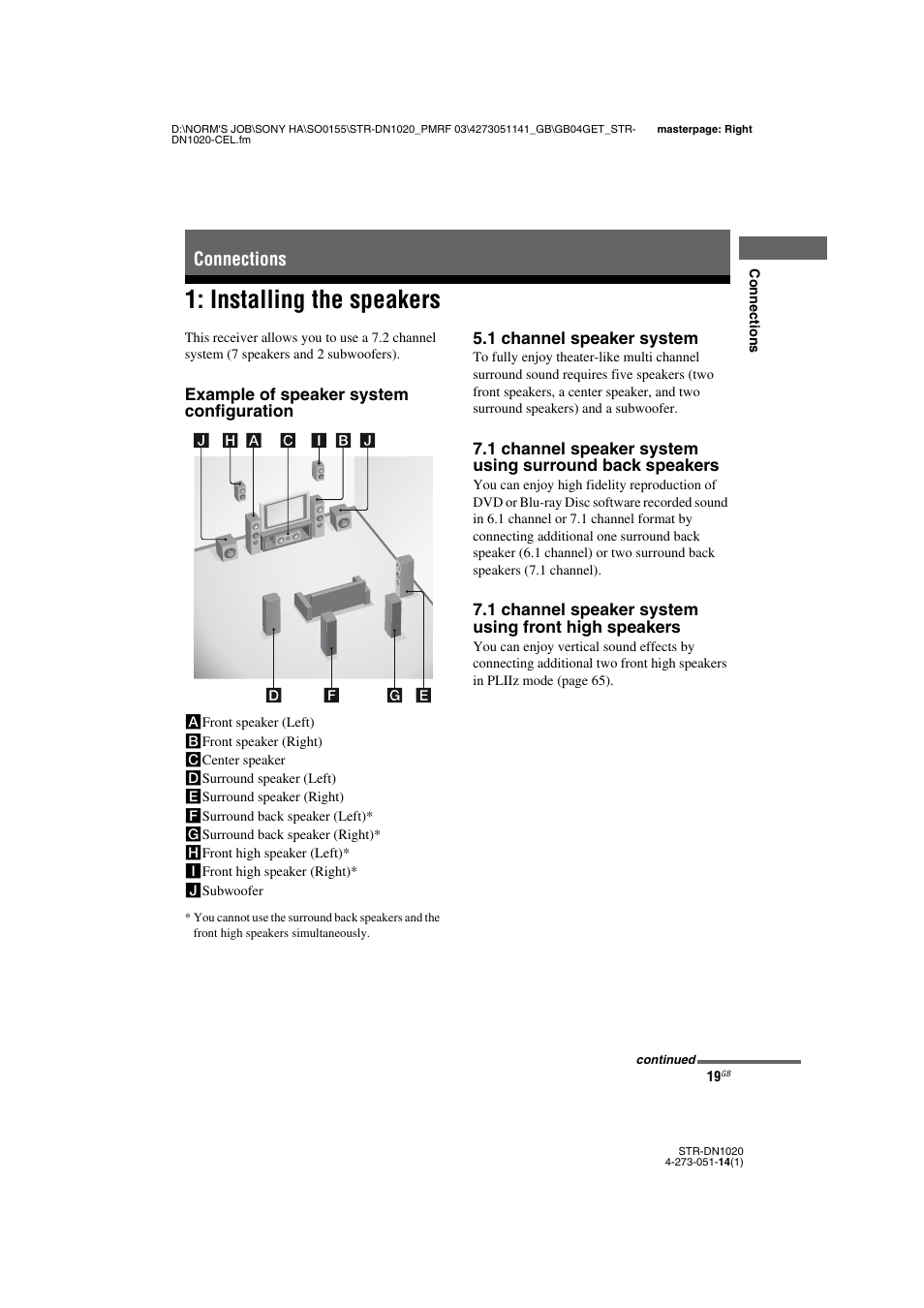 Connections, Installing the speakers | Sony STR-DN1020 User Manual | Page 19 / 132