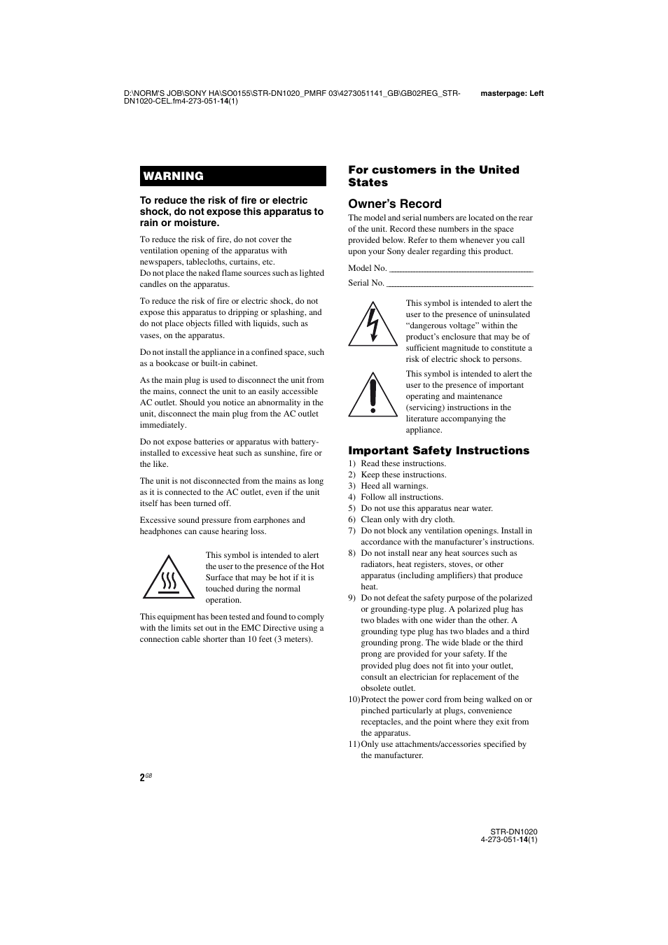 Owner’s record | Sony STR-DN1020 User Manual | Page 2 / 132