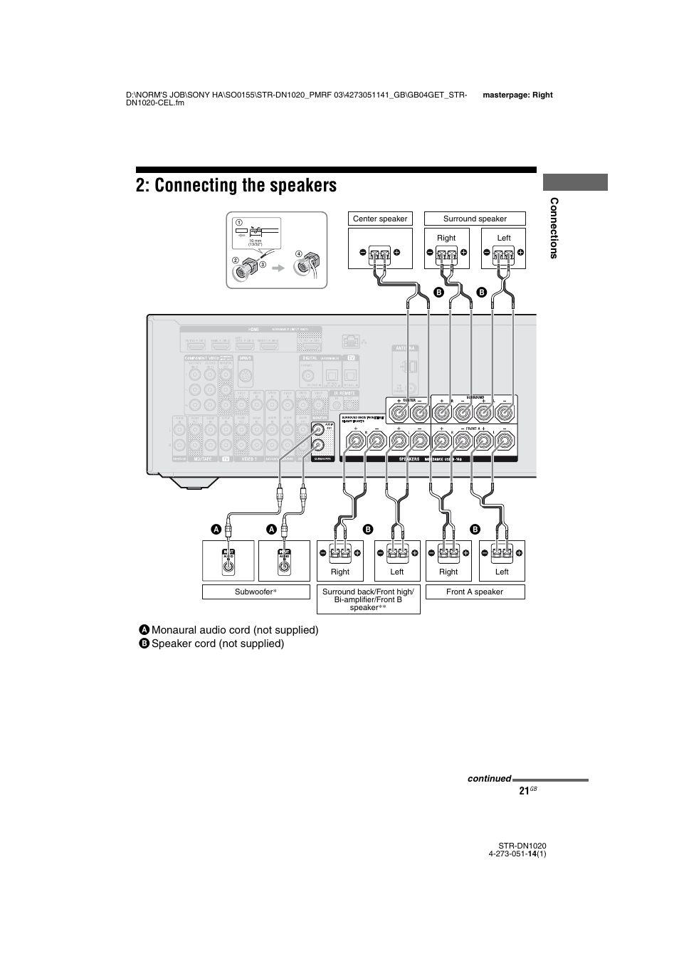 Connecting the speakers | Sony STR-DN1020 User Manual | Page 21 / 132