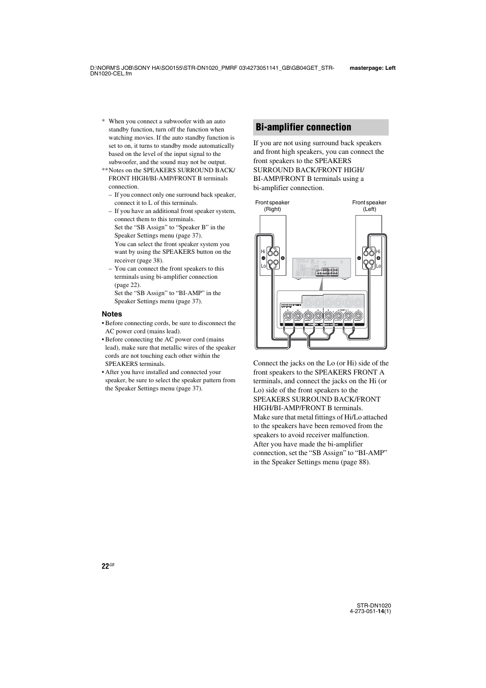 Bi-amplifier connection | Sony STR-DN1020 User Manual | Page 22 / 132