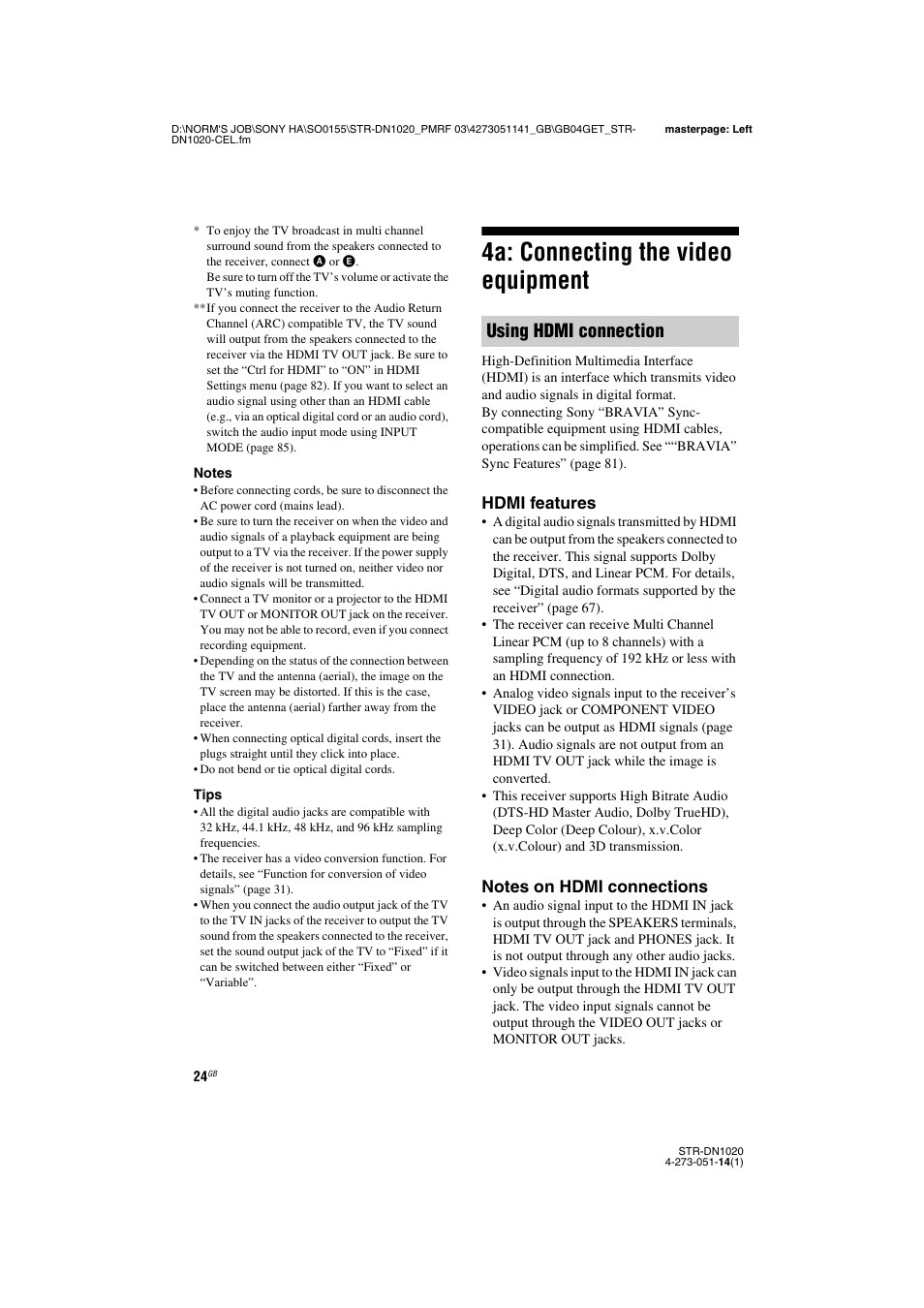 4a: connecting the video equipment, Using hdmi connection, Hdmi features | Sony STR-DN1020 User Manual | Page 24 / 132