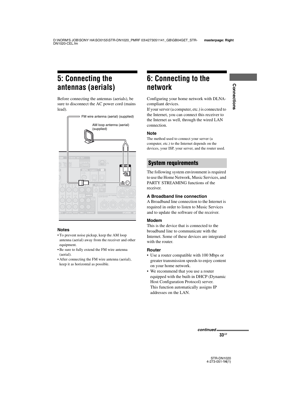 Connecting the antennas (aerials), Connecting to the network, System requirements | Sony STR-DN1020 User Manual | Page 33 / 132