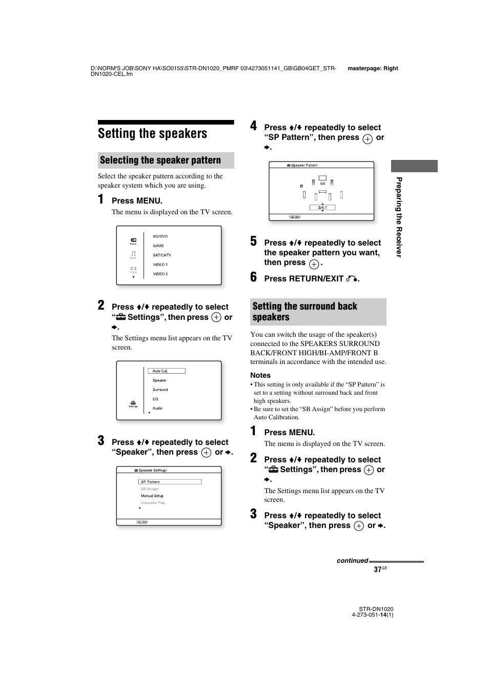 Setting the speakers | Sony STR-DN1020 User Manual | Page 37 / 132