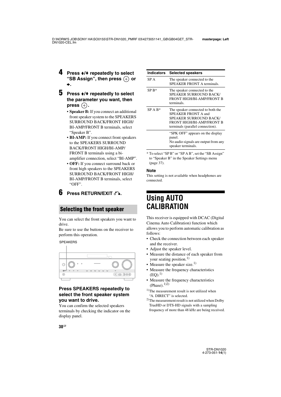 Using auto calibration, Selecting the front speaker | Sony STR-DN1020 User Manual | Page 38 / 132