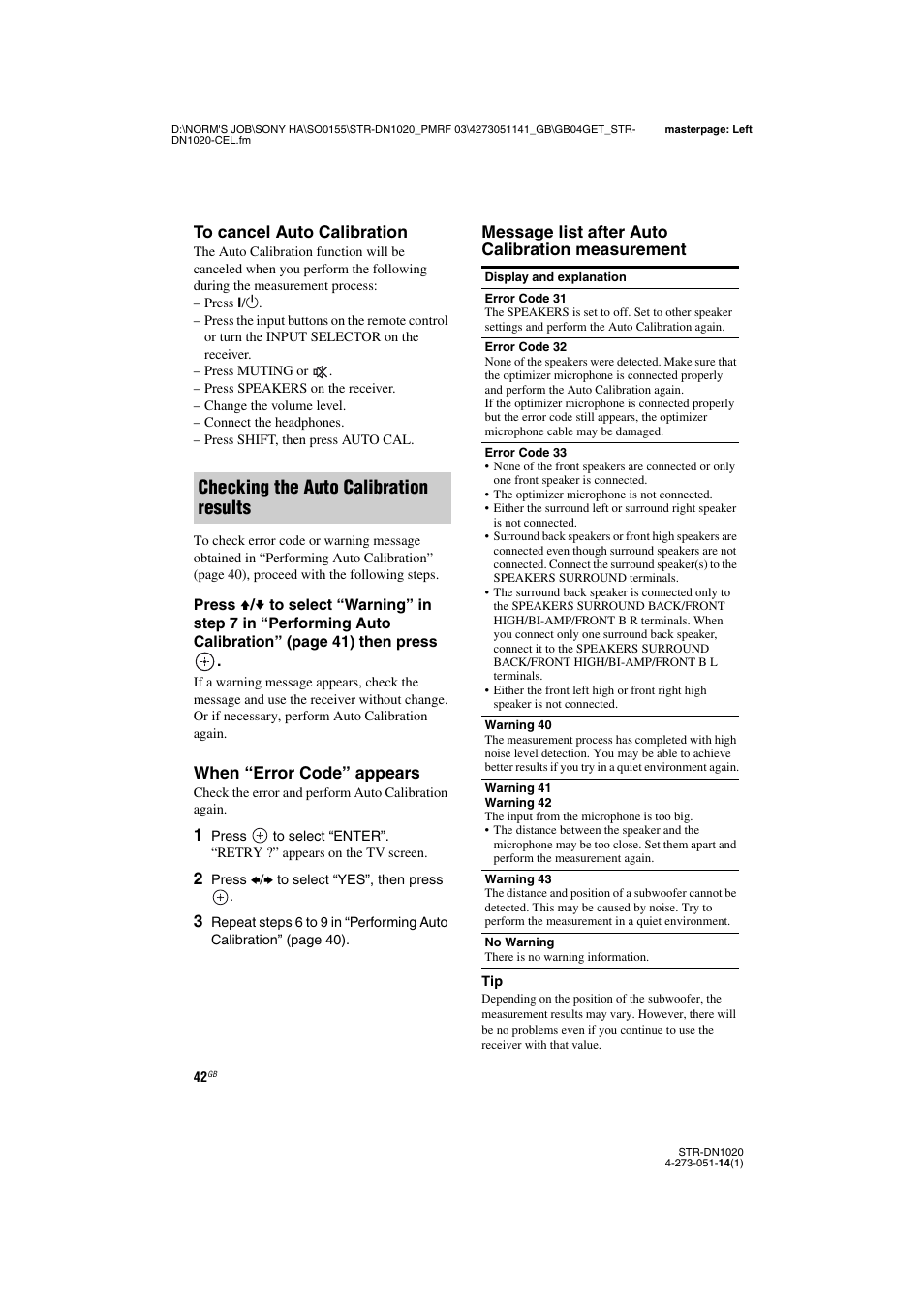 Checking the auto calibration results, When “error code” appears, Message list after auto calibration measurement | Sony STR-DN1020 User Manual | Page 42 / 132