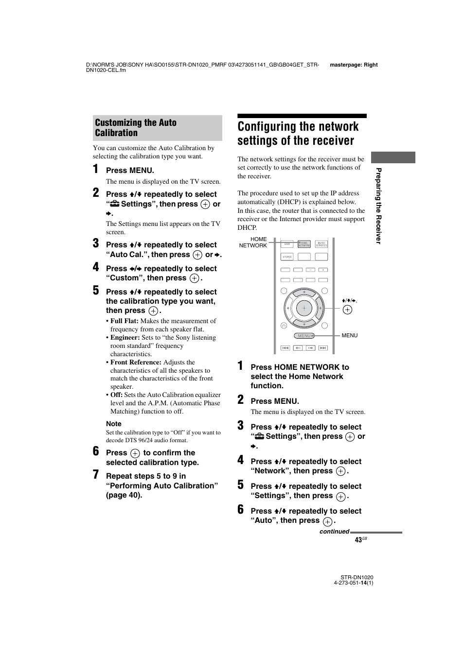 Configuring the network settings of the receiver, Configuring the network settings of the, Receiver | Sony STR-DN1020 User Manual | Page 43 / 132