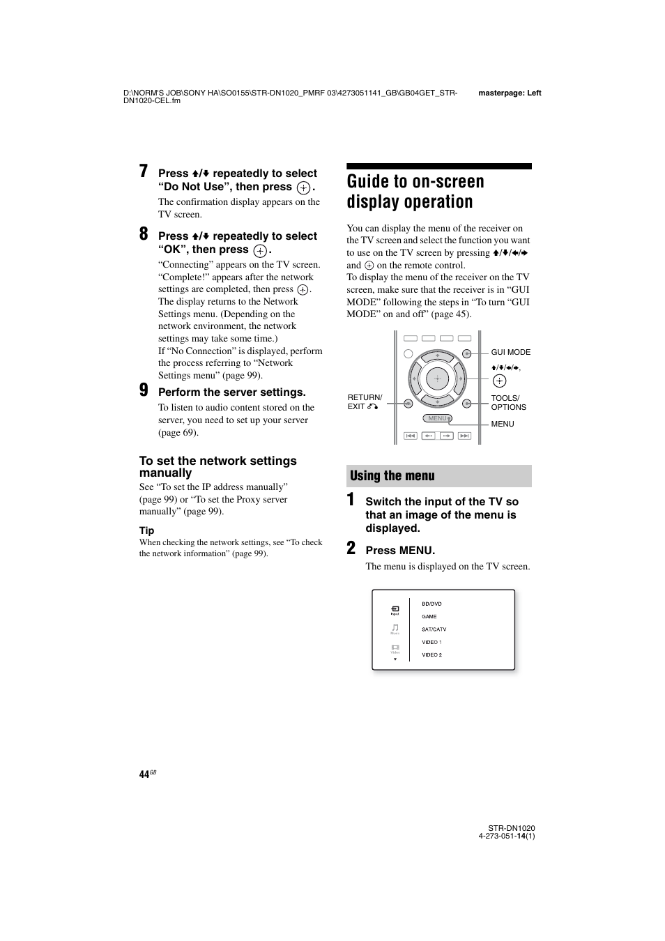 Guide to on-screen display operation, Using the menu | Sony STR-DN1020 User Manual | Page 44 / 132