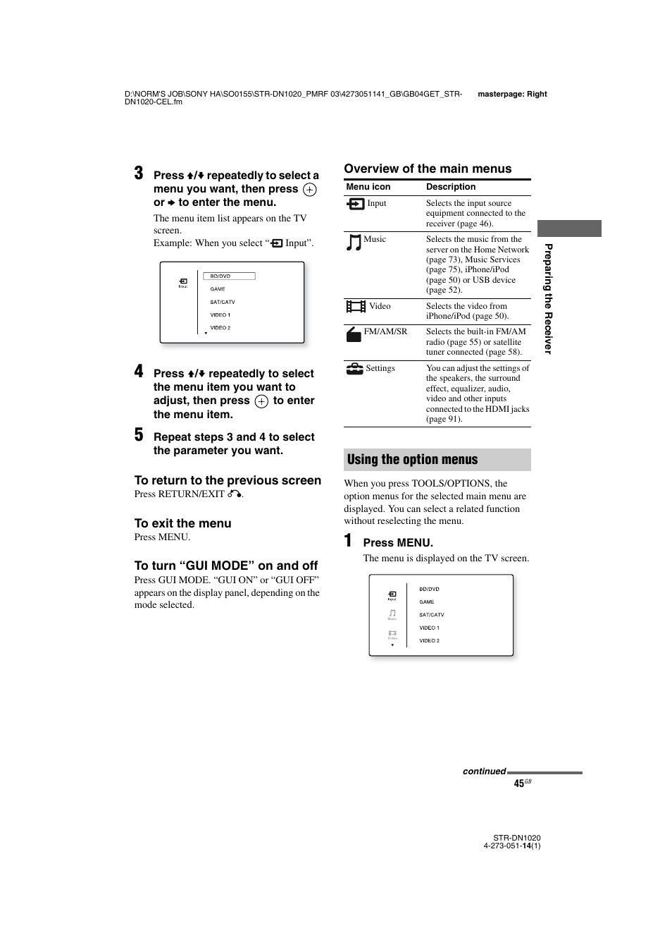 Using the option menus | Sony STR-DN1020 User Manual | Page 45 / 132