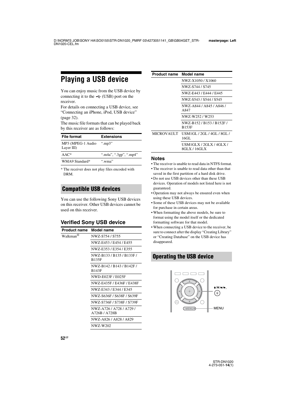 Playing a usb device, Compatible usb devices, Operating the usb device | Verified sony usb device | Sony STR-DN1020 User Manual | Page 52 / 132