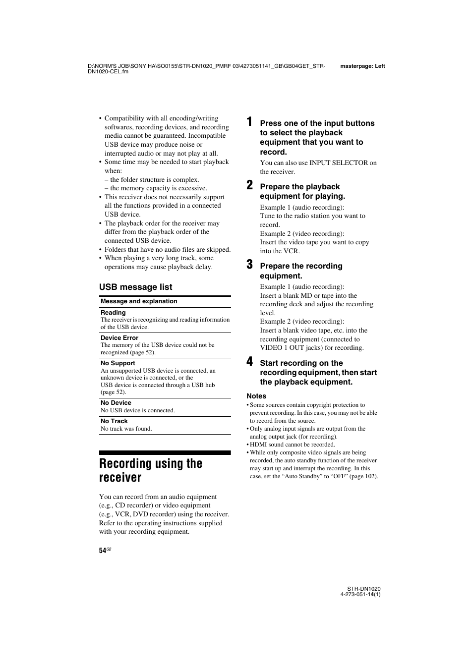 Recording using the receiver | Sony STR-DN1020 User Manual | Page 54 / 132