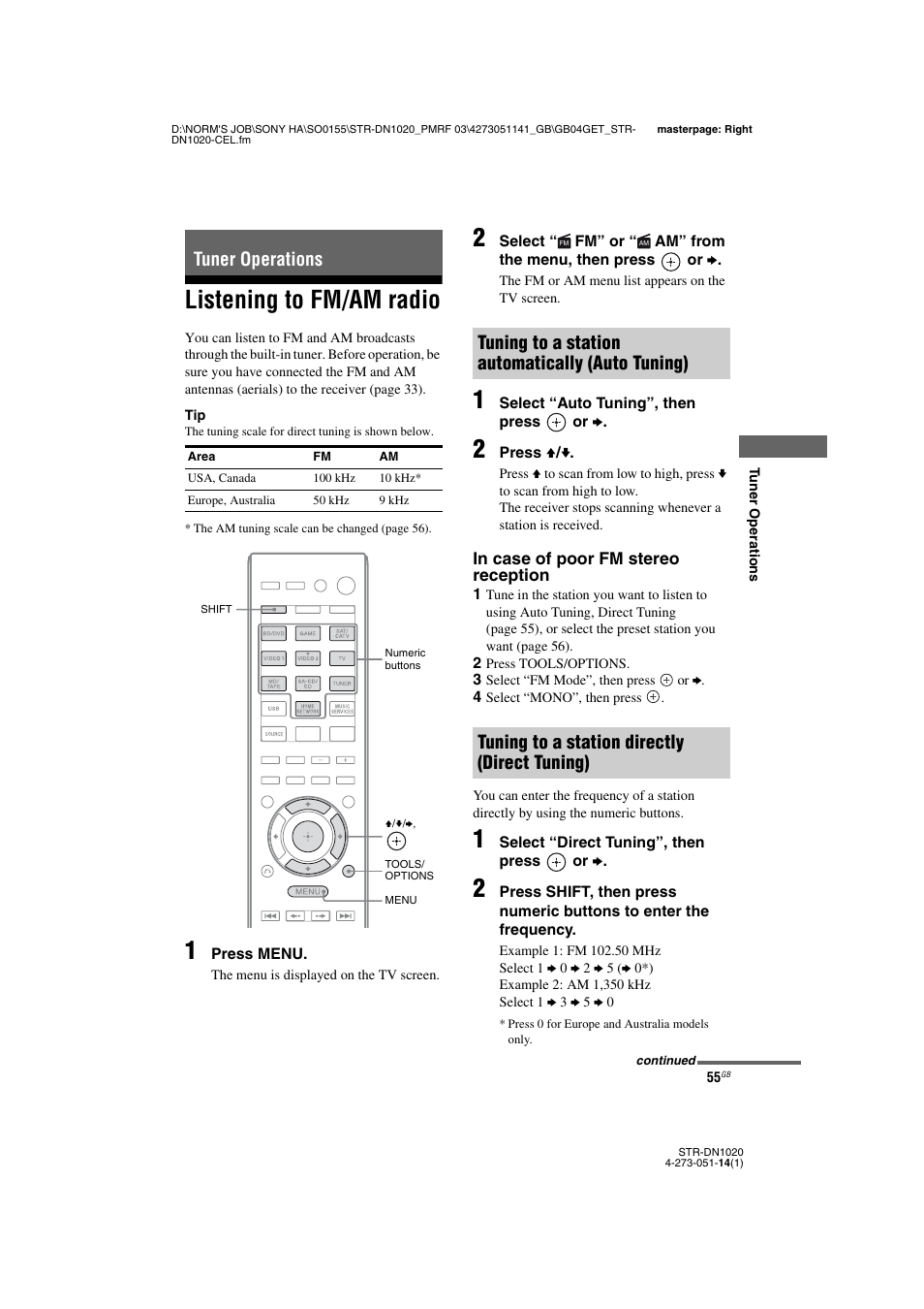 Tuner operations, Listening to fm/am radio | Sony STR-DN1020 User Manual | Page 55 / 132