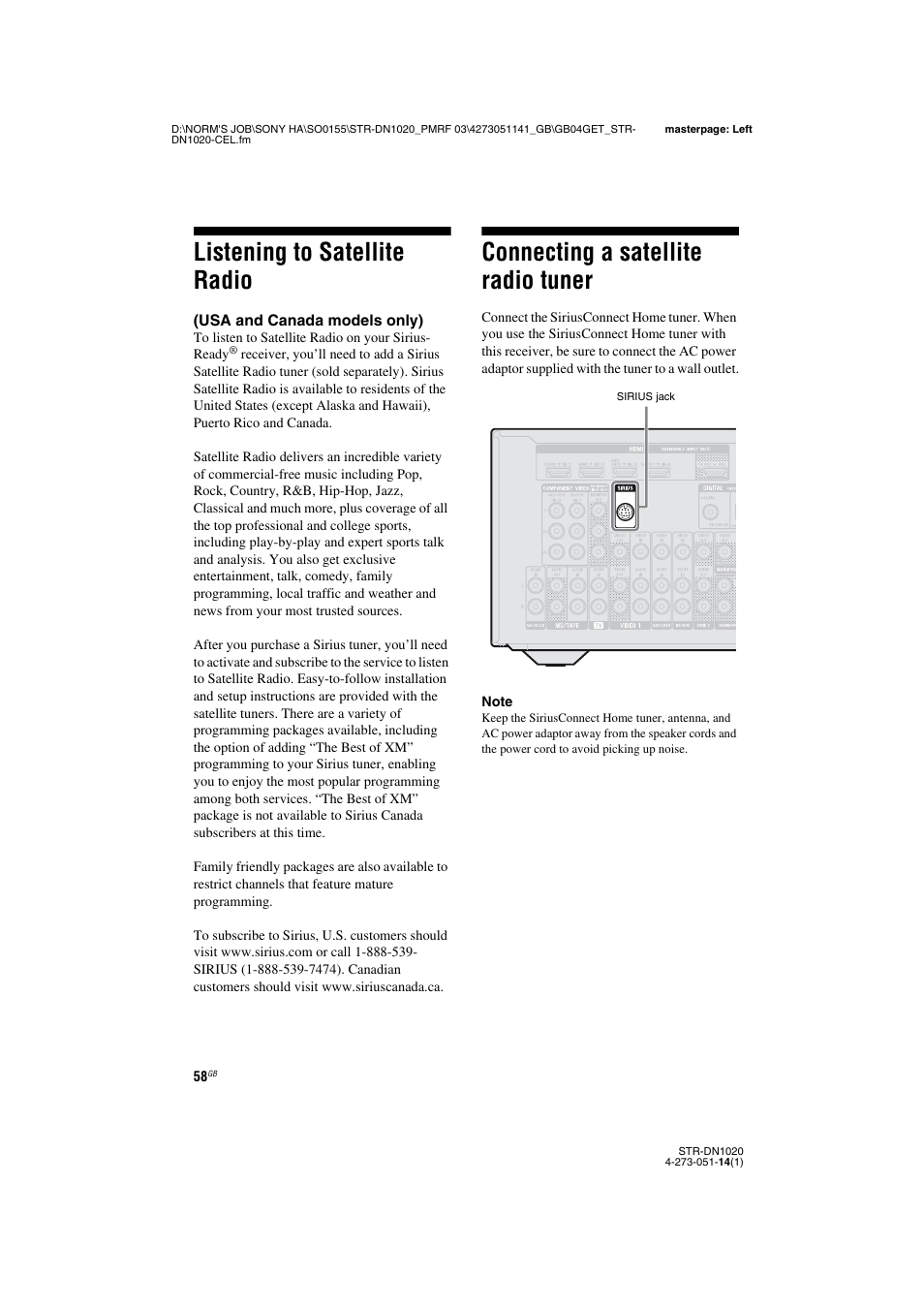 Listening to satellite radio, Connecting a satellite radio tuner, Usa and canada models only) | Sony STR-DN1020 User Manual | Page 58 / 132