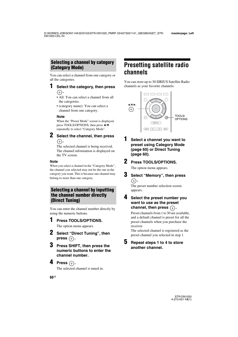 Presetting satellite radio channels | Sony STR-DN1020 User Manual | Page 60 / 132