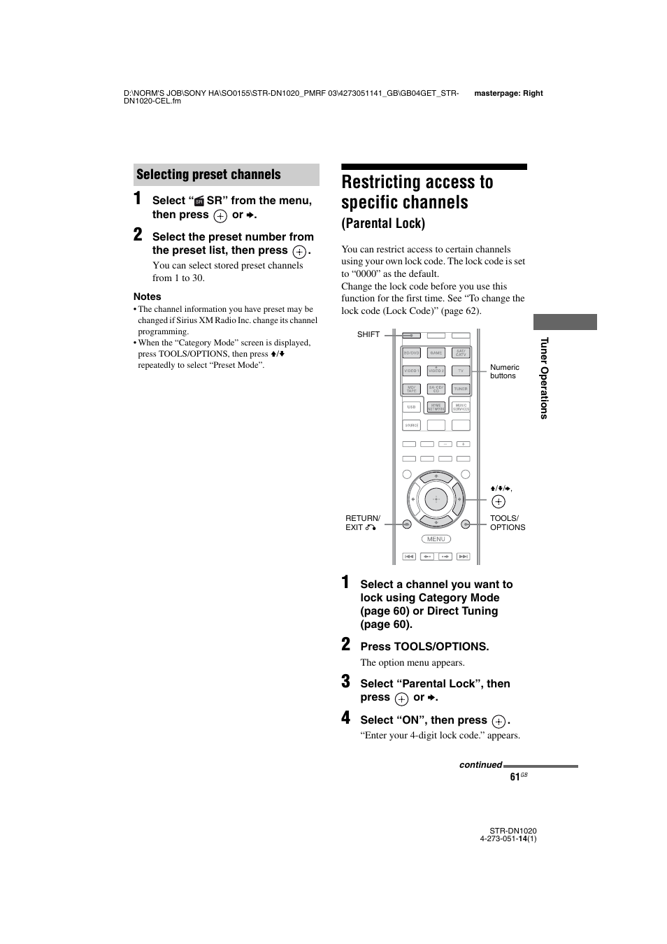 Restricting access to specific channels, Parental lock), Selecting preset channels | Sony STR-DN1020 User Manual | Page 61 / 132