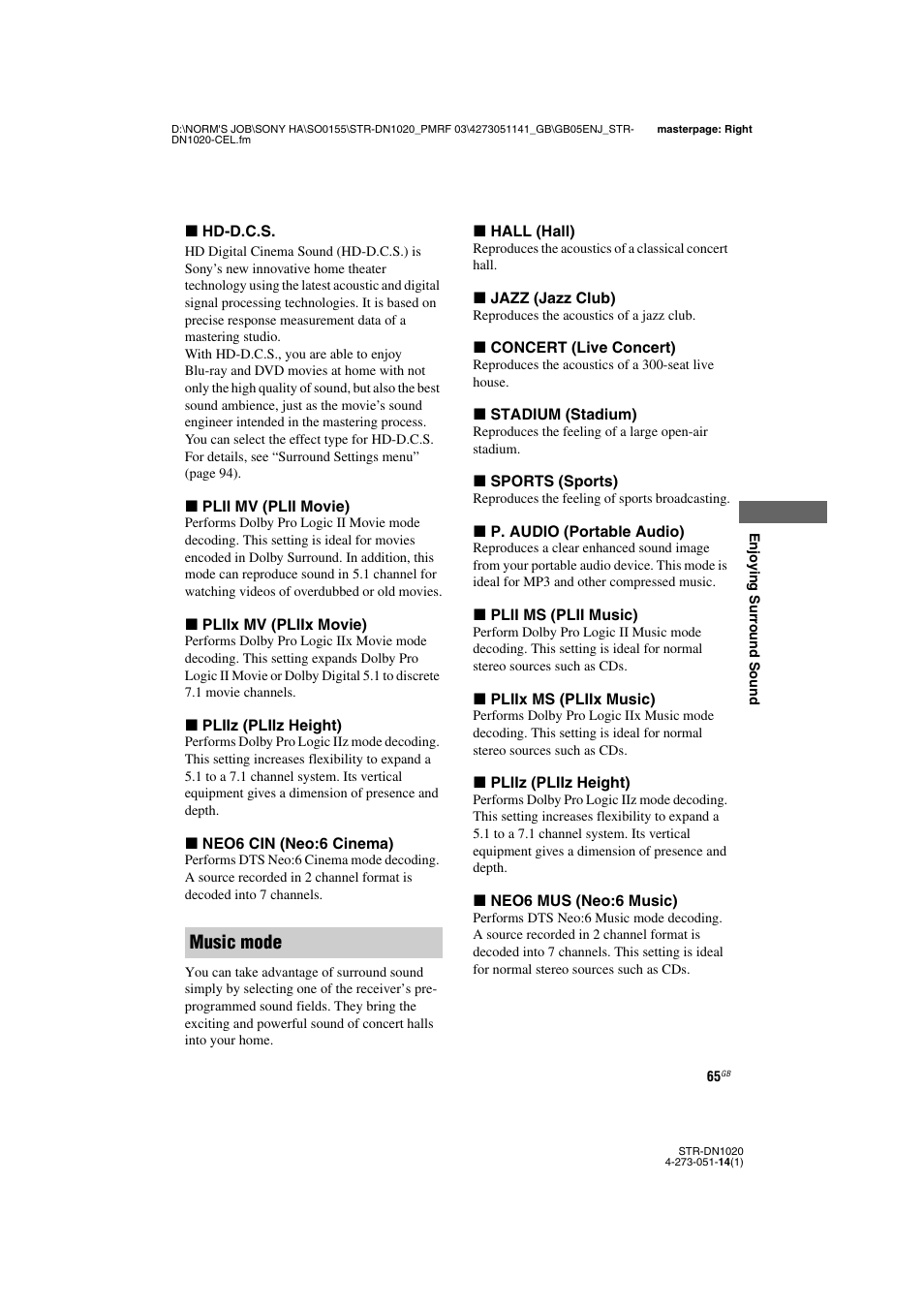 Music mode | Sony STR-DN1020 User Manual | Page 65 / 132