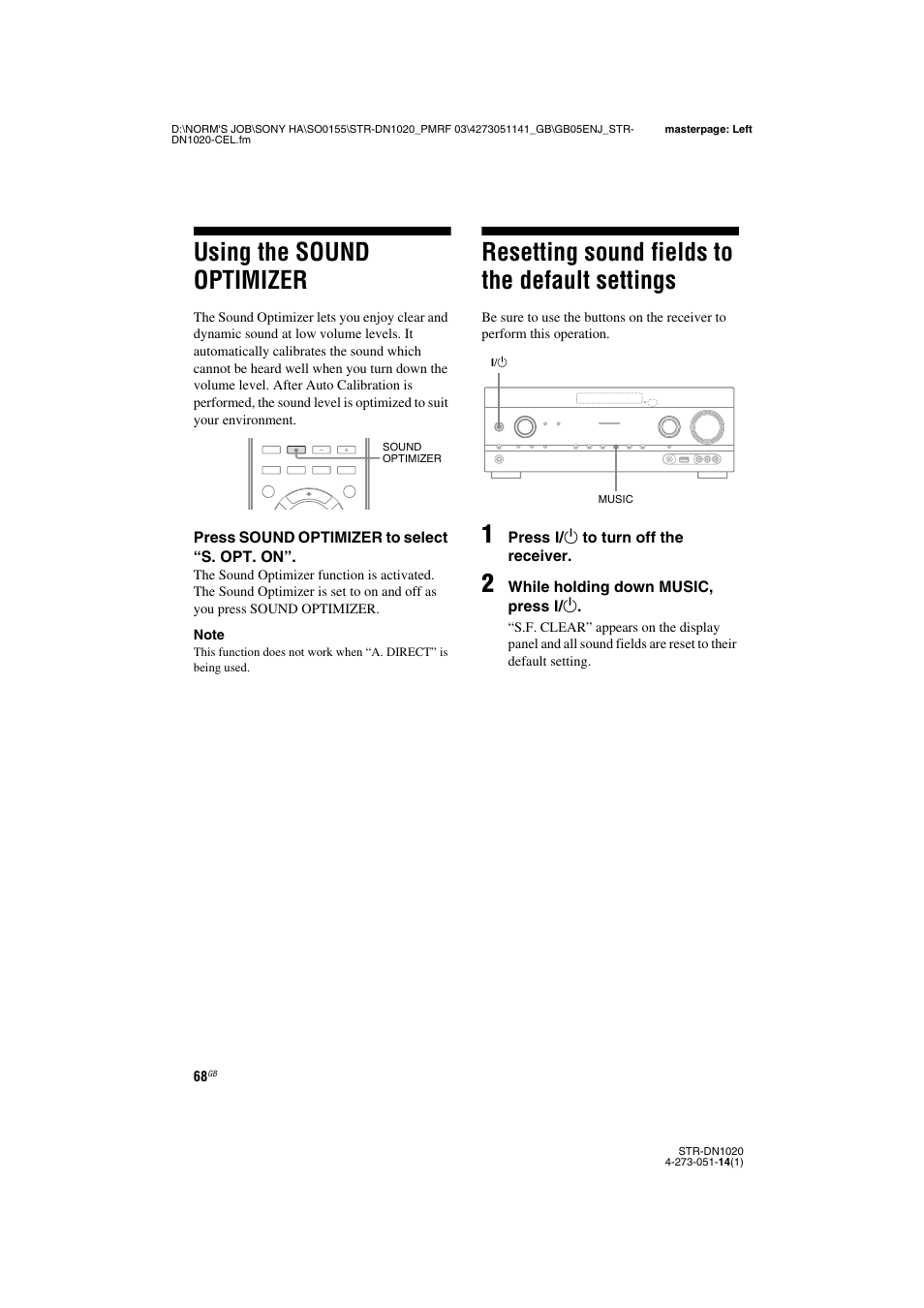 Using the sound optimizer, Resetting sound fields to the default settings, Settings | Sony STR-DN1020 User Manual | Page 68 / 132