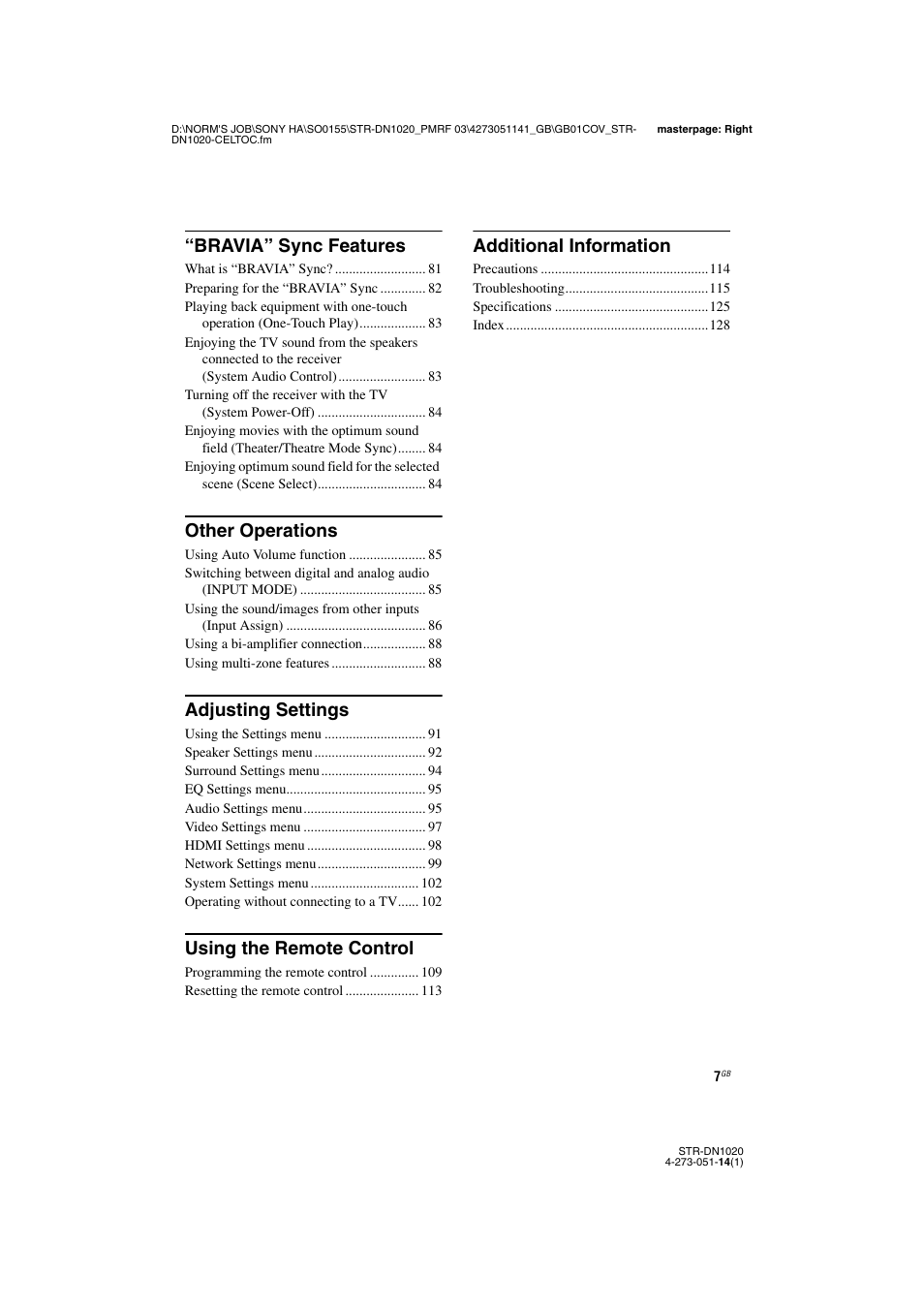 Bravia” sync features, Other operations, Adjusting settings | Using the remote control, Additional information | Sony STR-DN1020 User Manual | Page 7 / 132