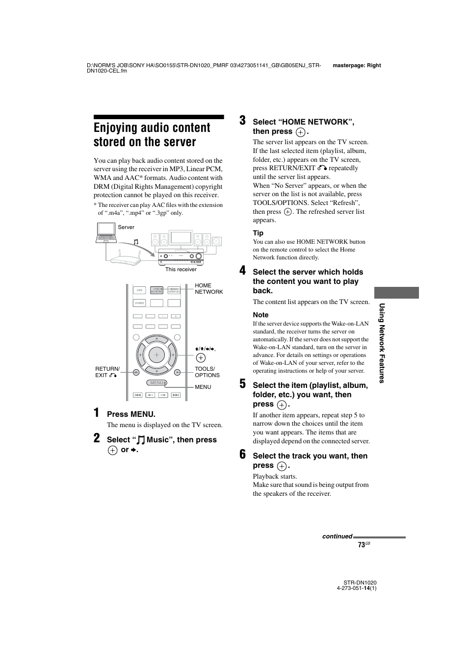 Enjoying audio content stored on the server, Enjoying audio content stored on the, Server | Sony STR-DN1020 User Manual | Page 73 / 132