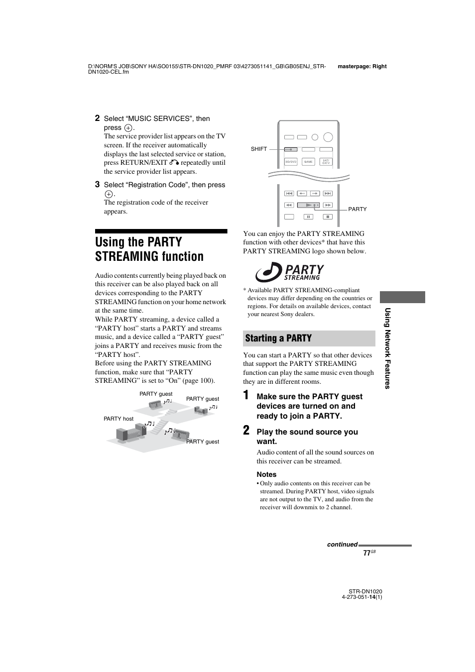 Using the party streaming function, Using the party streaming, Function | Starting a party | Sony STR-DN1020 User Manual | Page 77 / 132