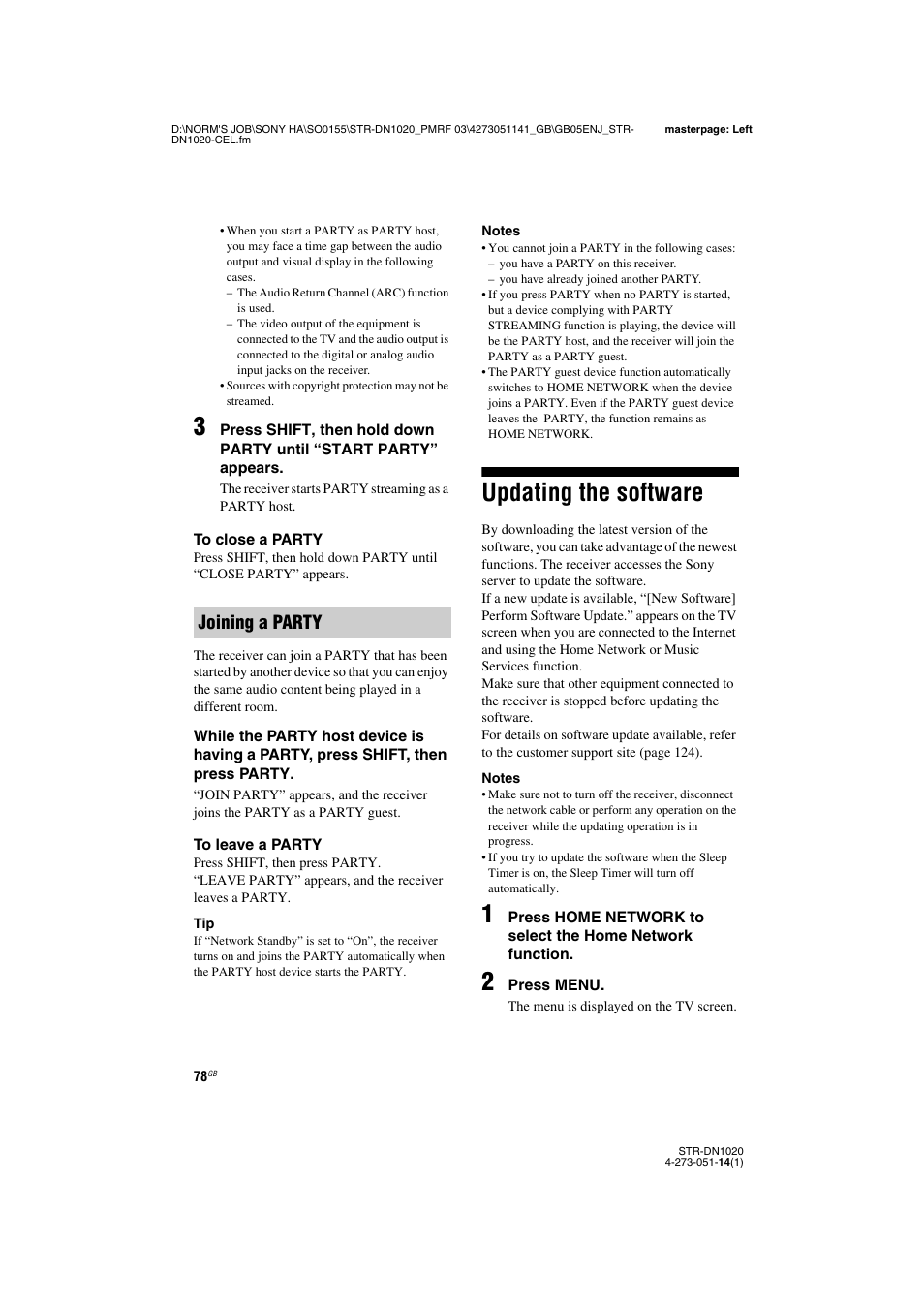 Updating the software, Joining a party | Sony STR-DN1020 User Manual | Page 78 / 132