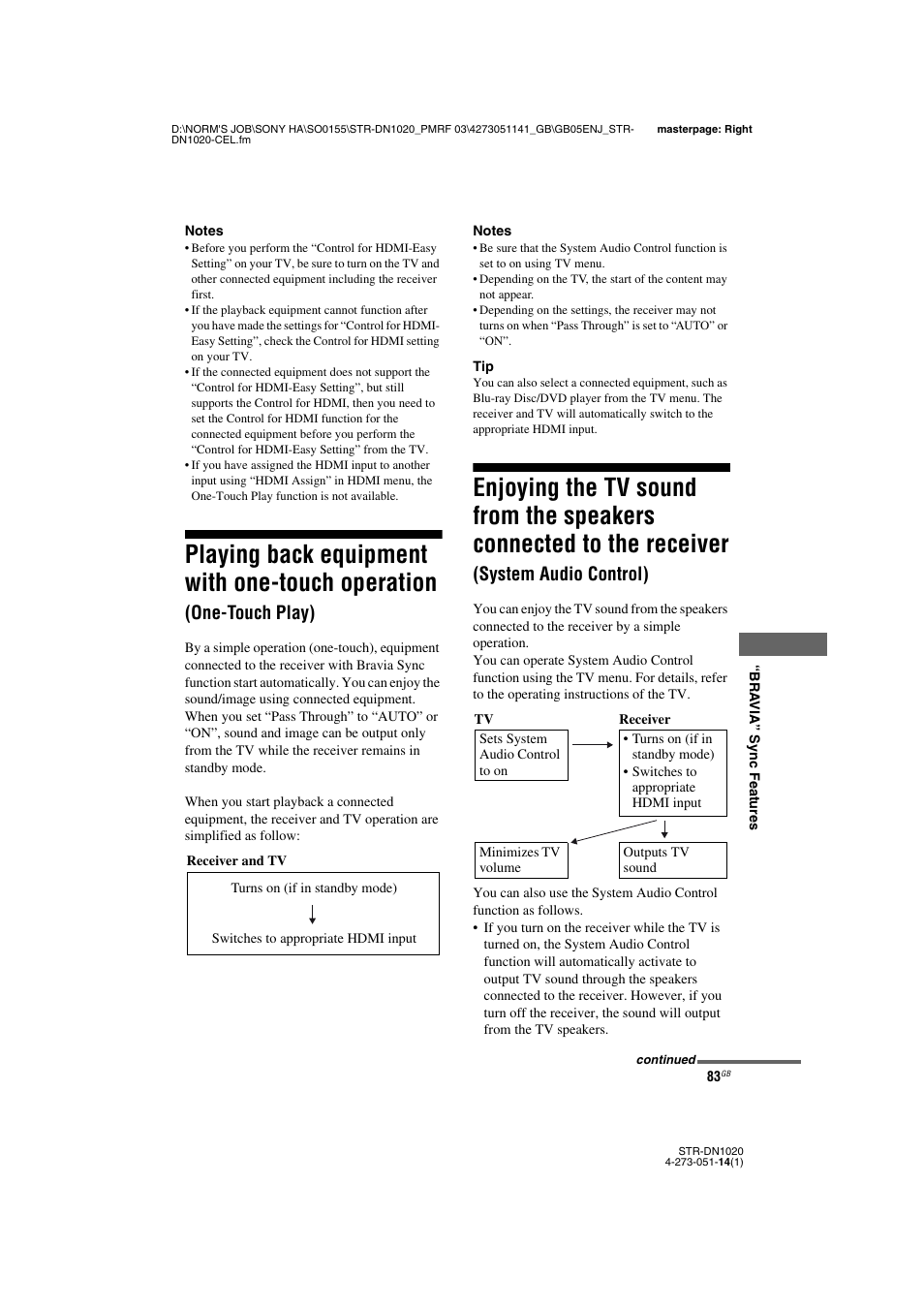 Playing back equipment with one-touch, Operation (one-touch play), Enjoying the tv sound from the speakers | Connected to the receiver, System audio control), Playing back equipment with one-touch operation, One-touch play) | Sony STR-DN1020 User Manual | Page 83 / 132