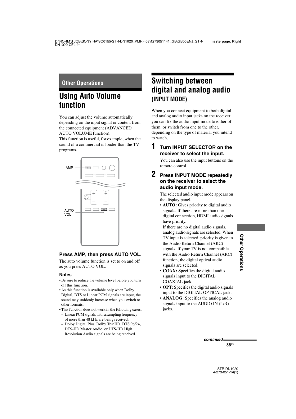 Other operations, Using auto volume function, Input mode) | Switching between digital and analog audio | Sony STR-DN1020 User Manual | Page 85 / 132