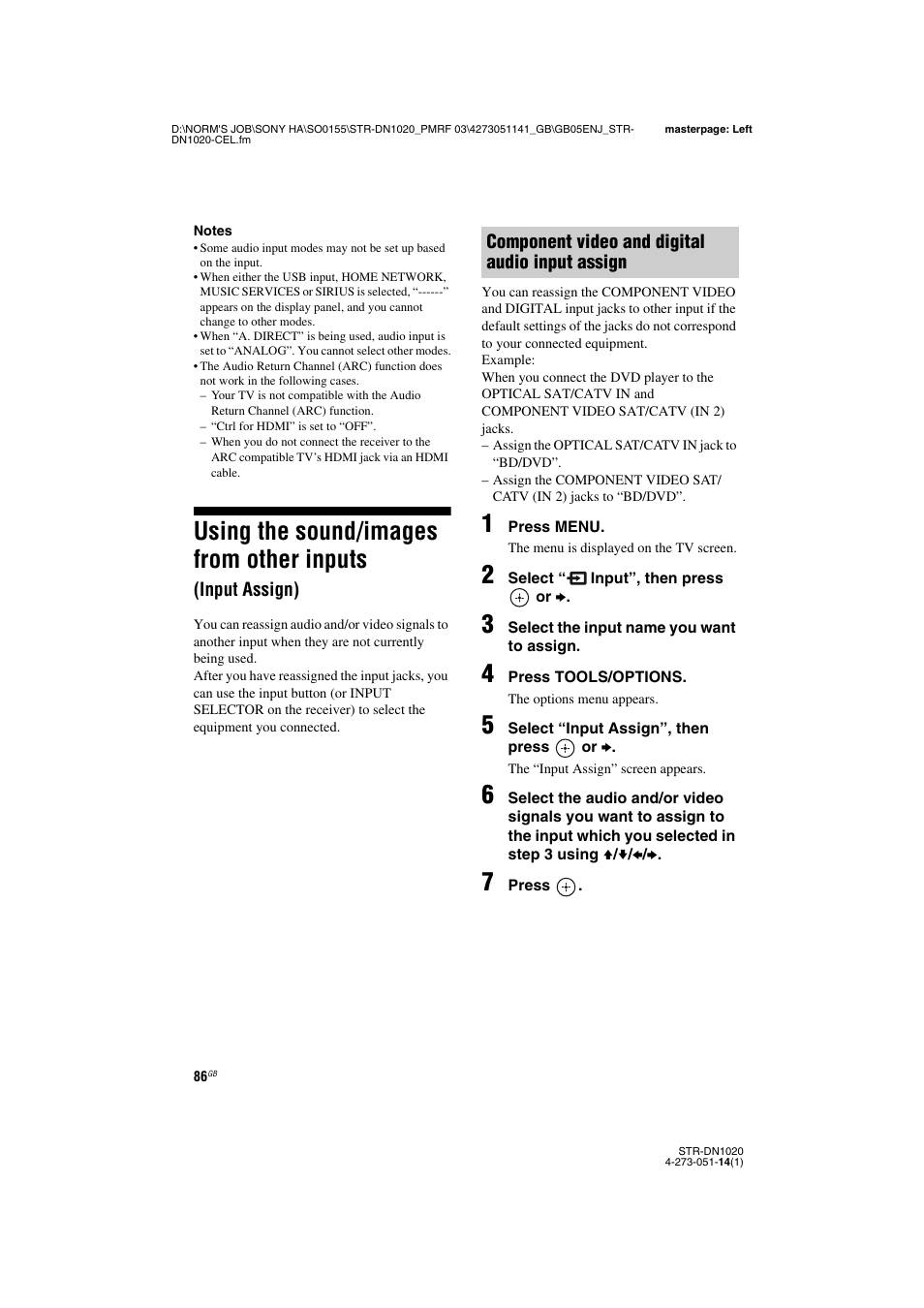 Using the sound/images from other inputs, Input assign) | Sony STR-DN1020 User Manual | Page 86 / 132