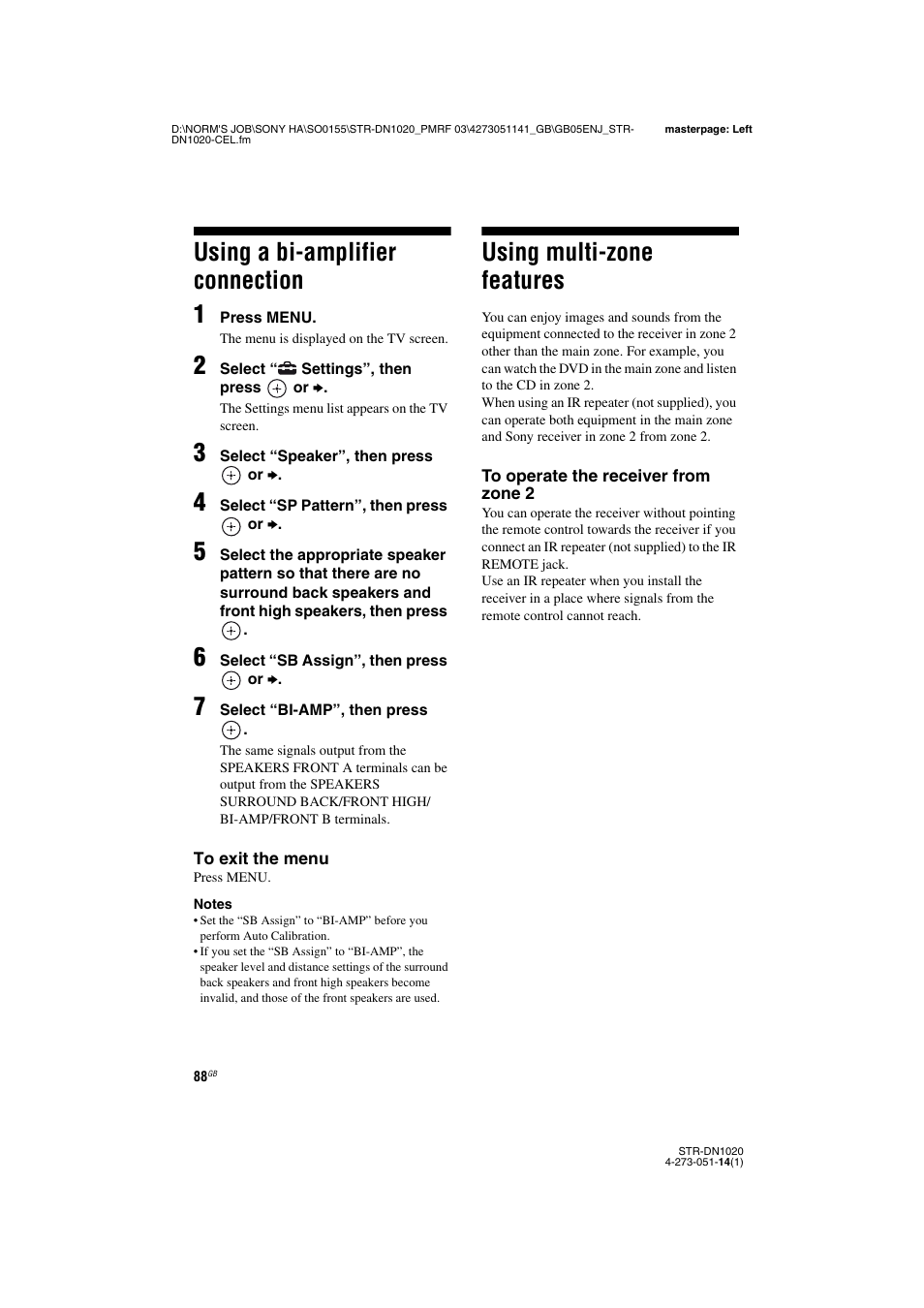 Using a bi-amplifier connection, Using multi-zone features, Using a bi-amplifier connection 1 | Sony STR-DN1020 User Manual | Page 88 / 132